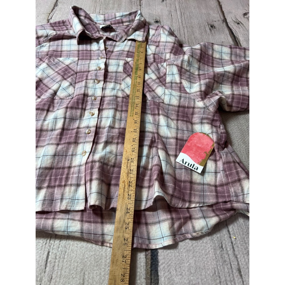 Arula Plaid Button Down Shirt Women‎ 1X Pink Cropped Long Sleeve MTP9317P-AU - Picture 5 of 7